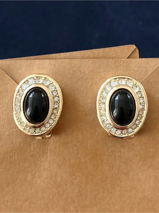 Dior Jewelry - Authentic Vintage Dior Oval Black Glass Cabochon Rhinestone Gold Clip Earrings
